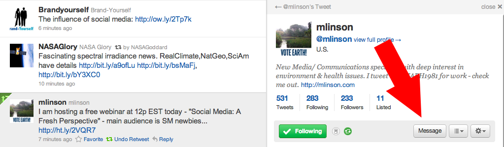 Twitter user @mlinson profile message button