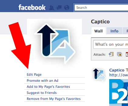 Facebook-Page-Edit-Location-Captico Facebook Page for Captico Highlighting Edit Page Button